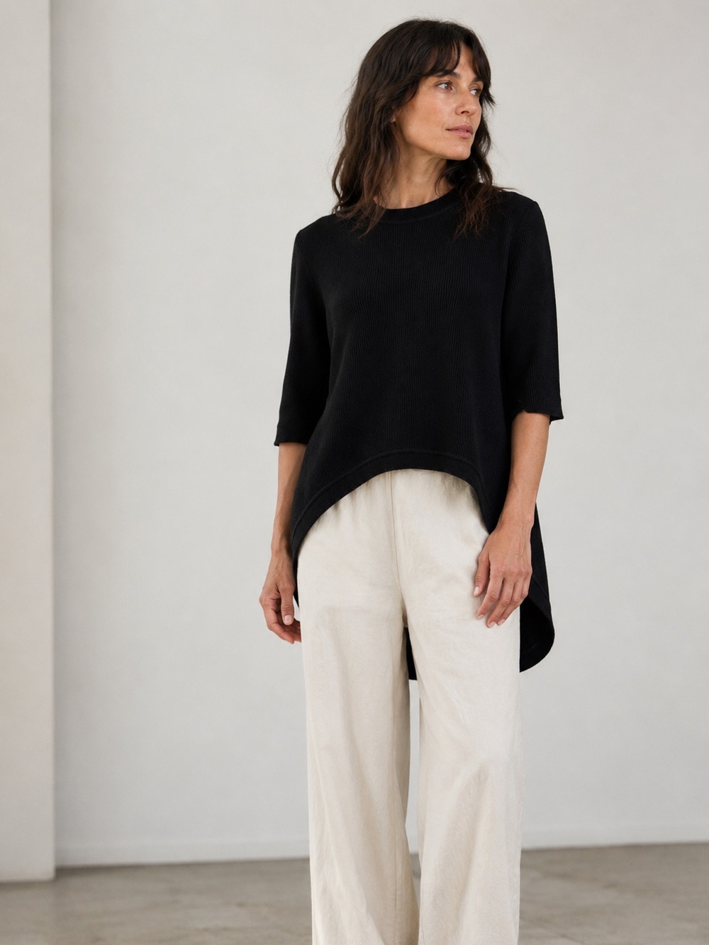 Scanlan Theodore Black Crepe Knit Hi-Low Top | Long Sleeve | Size S